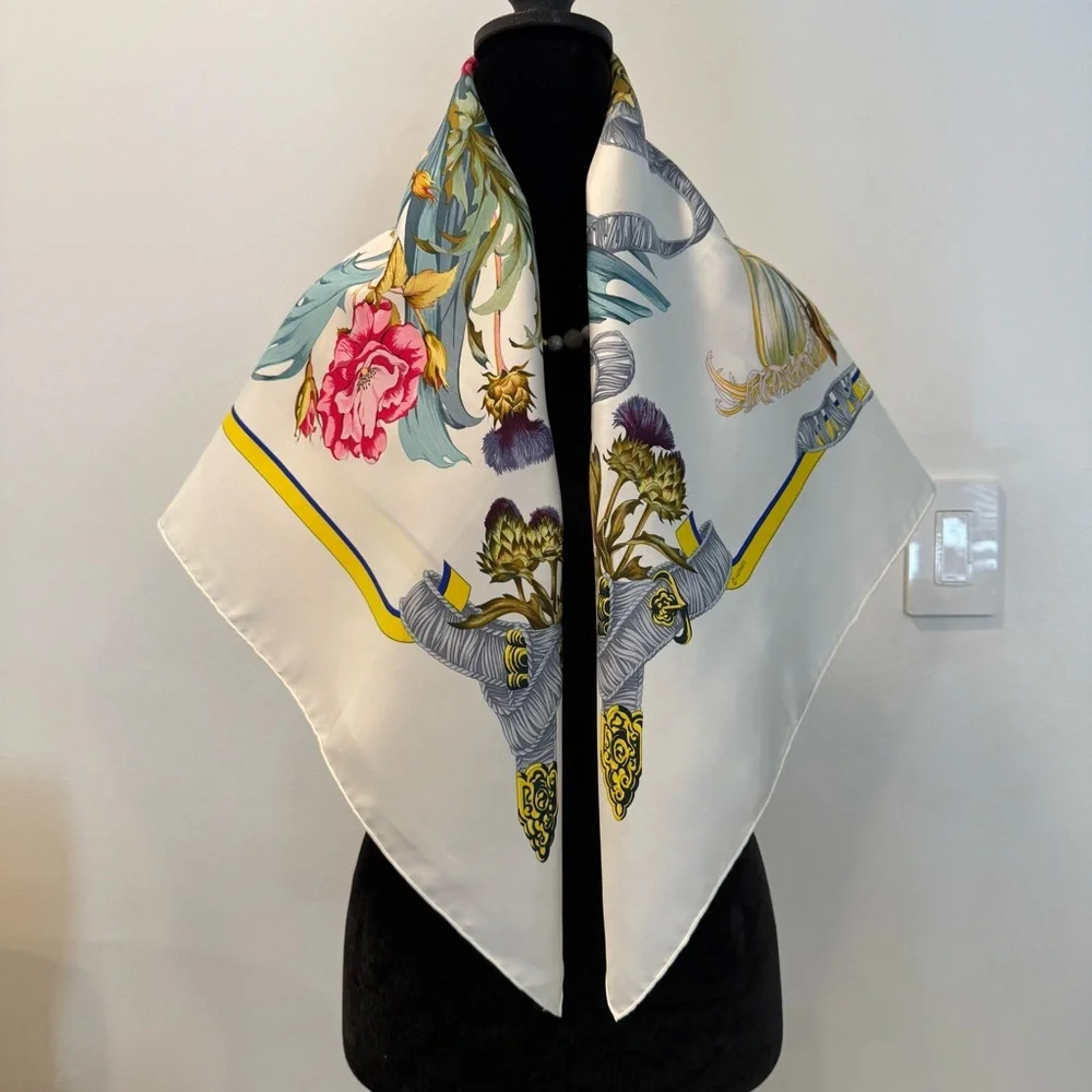 Hermes Floral Silk Scarf with Ribbon Design 35”